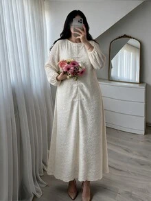 Al Najma 大尺碼女款奶油白圓領中式盤扣全蕾絲泡泡袖寬鬆飄逸連身裙 秋季婚禮賓客正式禮服 - 杏色 - 查看 7