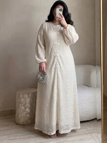 Al Najma 大尺碼女款奶油白圓領中式盤扣全蕾絲泡泡袖寬鬆飄逸連身裙 秋季婚禮賓客正式禮服 - 杏色 - 查看 2