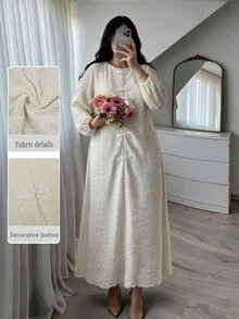 Al Najma 大尺碼女款奶油白圓領中式盤扣全蕾絲泡泡袖寬鬆飄逸連身裙 秋季婚禮賓客正式禮服 - 杏色 - 查看 11