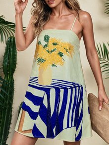 RIVANDRE Women's Floral Print Loose Spaghetti Strap Short Dress, Suitable For Summer Beach Vacation Beige Sexy Tropical European - Multicolor - View 2