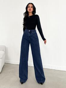SHEIN بنطلون جينز نسائي بخصر عالي وساق واسعة مغسول داكن منحني - أزرق داكن - مشاهدة 5