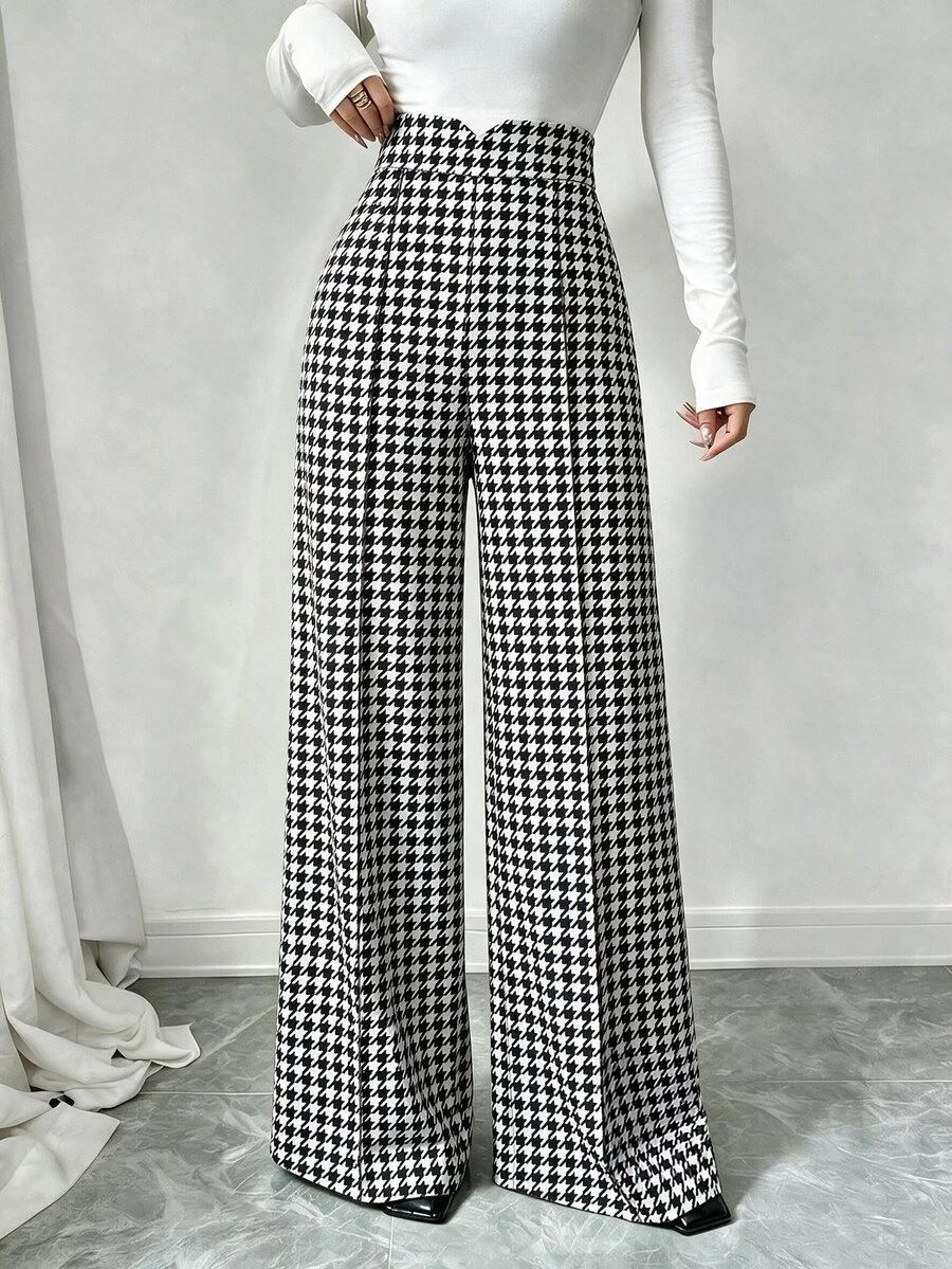 Elenzga Plus Size Women's Houndstooth High Waist Wide Leg Loose Long Pants - Multicolor - View 1
