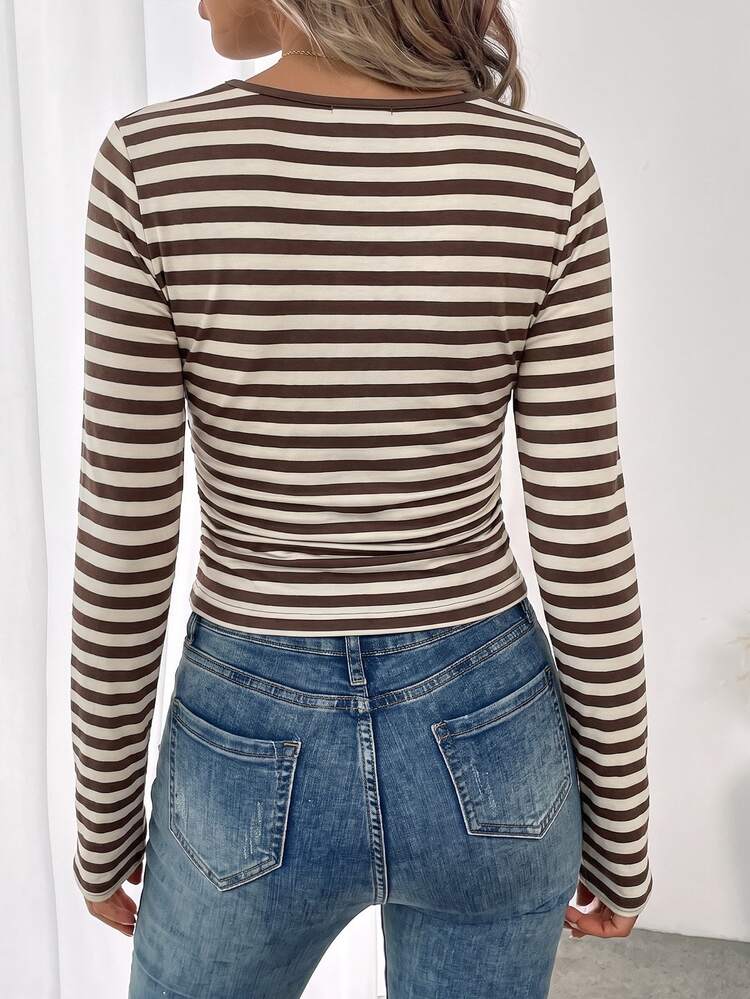 SHEIN LUNE Women's Square Neck Contrast Color Minimalist Striped Ruched Long Sleeve T-Shirt - Multicolor - View 2