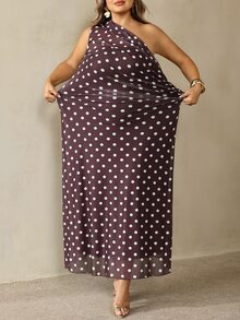 SHEIN CURVE+ 大尺碼秋冬單肩波點印花性感洋裝，適合派對、優雅場合與聖誕節 - 彩色 - 查看 3