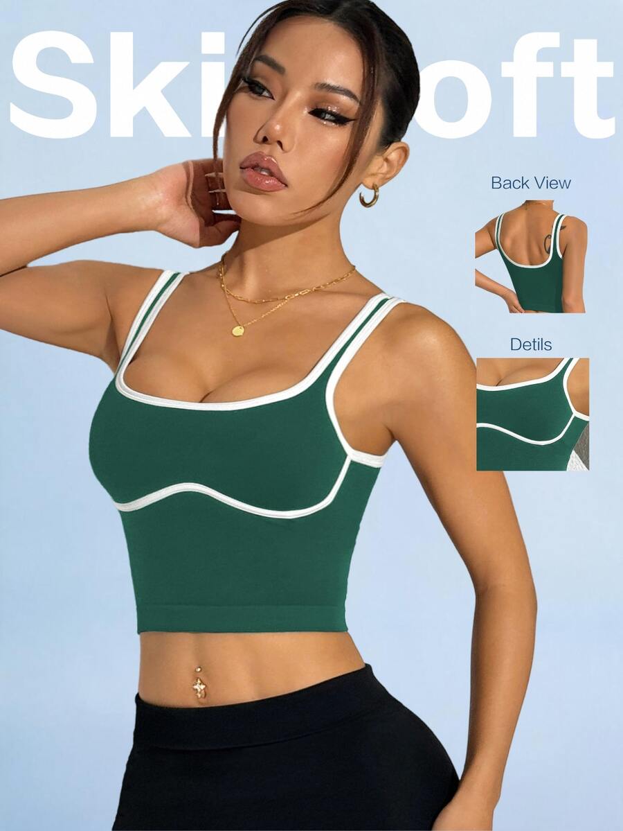 SHEIN Sovereign Charm Tank Top Wanita Bergaris, Modis, Cocok untuk Olahraga Musim Panas - Dark Green - View 1