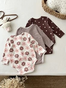SHEIN LMoss Kids 女嬰可愛花卉印花條紋長袖冬季連身衣 棕色與白色波點 米色 秋季 3件組 10款設計隨機發貨 - 彩色 - 查看 2