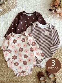 SHEIN LMoss Kids 女嬰可愛花卉印花條紋長袖冬季連身衣 棕色與白色波點 米色 秋季 3件組 10款設計隨機發貨 - 彩色 - 查看 1