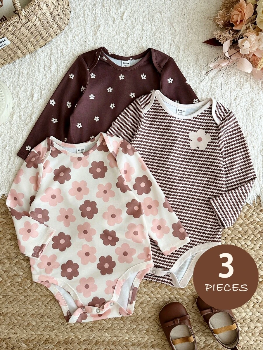 SHEIN LMoss Kids 女嬰可愛花卉印花條紋長袖冬季連身衣 棕色與白色波點 米色 秋季 3件組 10款設計隨機發貨 - 彩色 - 查看 1