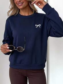 SHEIN LUNE Solid Color Embroidered Bow Pattern Pullover Crew Neck Long Sleeve Loose Fit Women's Sweatshirt Basic Spring/ Everyday School Navy And White Y2k Cute - Navy Blue - View 1