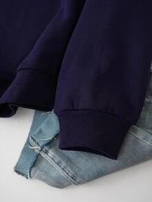 SHEIN LUNE Solid Color Embroidered Bow Pattern Pullover Crew Neck Long Sleeve Loose Fit Women's Sweatshirt Basic Spring/ Everyday School Navy And White Y2k Cute - Navy Blue - View 3