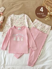 SHEIN Baby Girl Floral Pattern Knit Soft Round Neck Long Sleeve Top Elastic Waist Long Pants Snug Fit 4pcs -Piece Set,Autumn And Winter - Multicolor - View 1