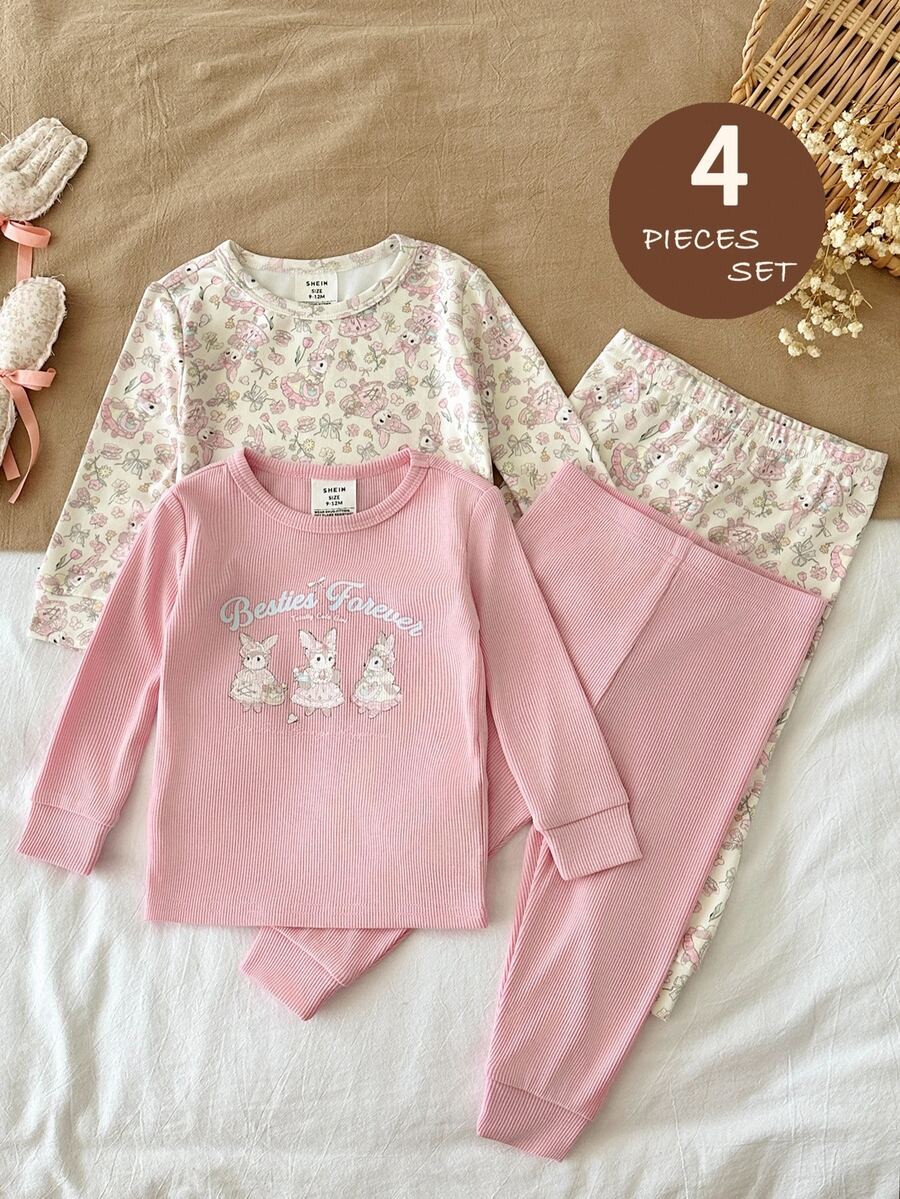 SHEIN Baby Girl Floral Pattern Knit Soft Round Neck Long Sleeve Top Elastic Waist Long Pants Snug Fit 4pcs -Piece Set,Autumn And Winter - Multicolor - View 1