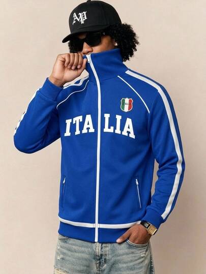 Aesthetic Post Vintage Blue Contrast Stripe Badge Letter Print Jacket, Autumn/Winter Street Fashion Lapel Stand Collar Zip-Up Long Sleeve Outerwear, Men's Women's Pattern Sweatshirt, Men's Daily Casual Sports Leisure Top