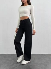 SHEIN بنطلون جينز أسود بغسيل أسود، خصر عالي، قصة عادية، أزرار أمامية، ساق مستقيمة، ستايل كاجوال ستريت وير، للمدرسة والاستخدام اليومي في الشتاء، مقاس صغير - الأسود - مشاهدة 3