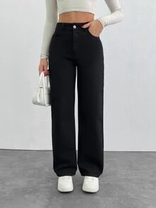 SHEIN بنطلون جينز أسود بغسيل أسود، خصر عالي، قصة عادية، أزرار أمامية، ساق مستقيمة، ستايل كاجوال ستريت وير، للمدرسة والاستخدام اليومي في الشتاء، مقاس صغير - الأسود - مشاهدة 1