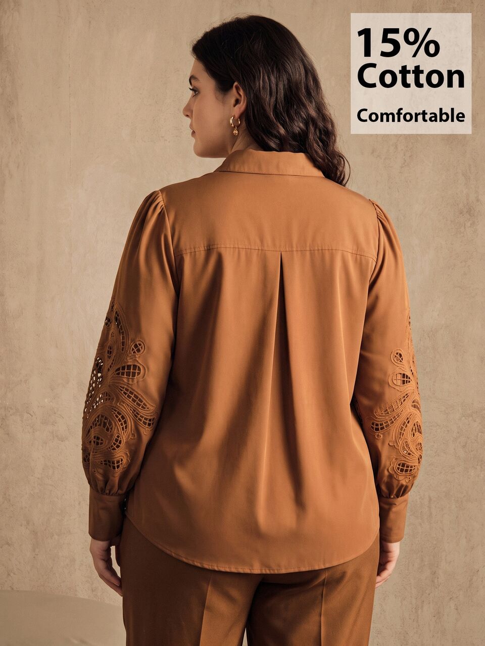 Anewsta Elegant Plus Size Khaki Stand Collar Bishop Sleeve Shirt With Embroidery And Hollow Out Details