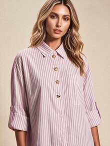 Vaclyn 女款粉色與白色條紋拼接休閒法式日常長袖襯衫，適合辦公、度假、秋季 - 淺粉色 - 查看 2