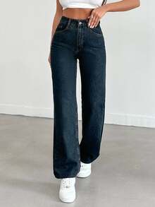 SHEIN Women High Waist Light Wash Wide Leg Casual Jeans Curve - Dark Wash - View 5