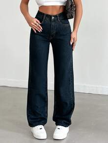 SHEIN Women High Waist Light Wash Wide Leg Casual Jeans Curve - Dark Wash - View 1