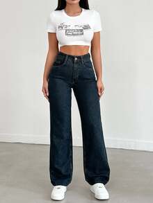 SHEIN Women High Waist Light Wash Wide Leg Casual Jeans Curve - Dark Wash - View 4
