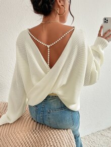 SHEIN Plus Size Women Beige Solid Color Pearls Chain Twist Back Drop Shoulder Long Sleeve Casual Sweater - Beige - View 1