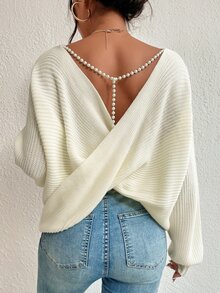 SHEIN Plus Size Women Beige Solid Color Pearls Chain Twist Back Drop Shoulder Long Sleeve Casual Sweater - Beige - View 2
