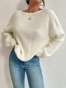 SHEIN Plus Size Women Beige Solid Color Pearls Chain Twist Back Drop Shoulder Long Sleeve Casual Sweater - Beige - View 4