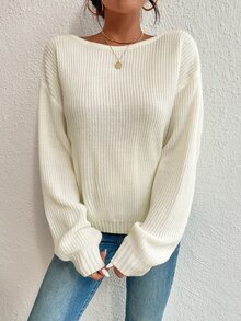 SHEIN Plus Size Women Beige Solid Color Pearls Chain Twist Back Drop Shoulder Long Sleeve Casual Sweater - Beige - View 8