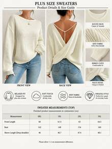 SHEIN Plus Size Women Beige Solid Color Pearls Chain Twist Back Drop Shoulder Long Sleeve Casual Sweater - Beige - View 3