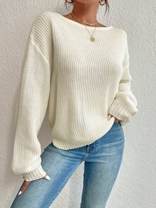 SHEIN Plus Size Women Beige Solid Color Pearls Chain Twist Back Drop Shoulder Long Sleeve Casual Sweater - Beige - View 7