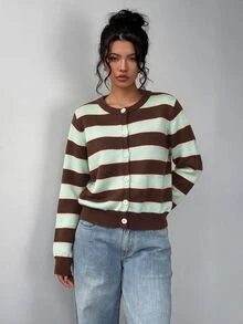 SHEIN BASICS 休閒 80 年代復古極簡女款針織開襟衫 秋季出遊校園通勤上衣 薄荷綠拼色棕色條紋款 - 黑色 - 查看 4