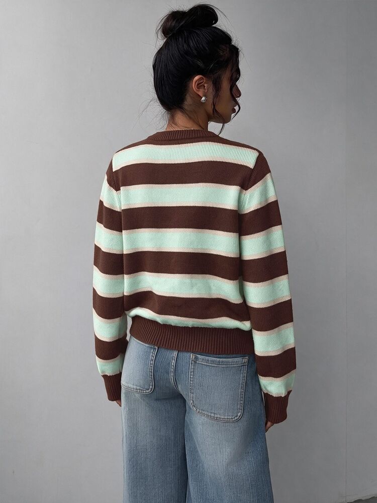SHEIN BASICS Casual Minimalist Women's Cardigan Sweater Suitable For Autumn/Winter Outings, Mint Green And Brown Color Block Striped Sweater, Women's Autumn/Winter Sweater, Women's Autumn Clothing, Autumn Outfit, Women's Commute Outfit, Basic Top, Outing Outfit, Airport Outfit - Black - View 3