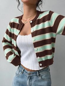 SHEIN BASICS 休閒 80 年代復古極簡女款針織開襟衫 秋季出遊校園通勤上衣 薄荷綠拼色棕色條紋款 - 黑色 - 查看 5