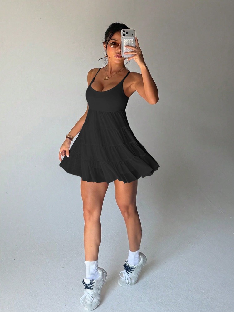 SHEIN Sovereign Charm فستان رياضي للنساء بدون أكمام مع حمالة صدر قابلة للإزالة ومبطنة، وتنورة شبكية وبطانة شورت، مناسب للارتداء اليومي والجري والرياضات كاليوغا والجيم والتنس والجولف - الأسود - مشاهدة 7