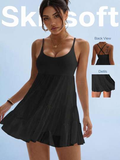 SHEIN Sovereign Charm Women's Black Summer Casual Vacation Sleeveless Sports Dress With Detachable Padded Bra,Mesh Skirt Overlay And Shorts Lining For Running,Tennis,Golf