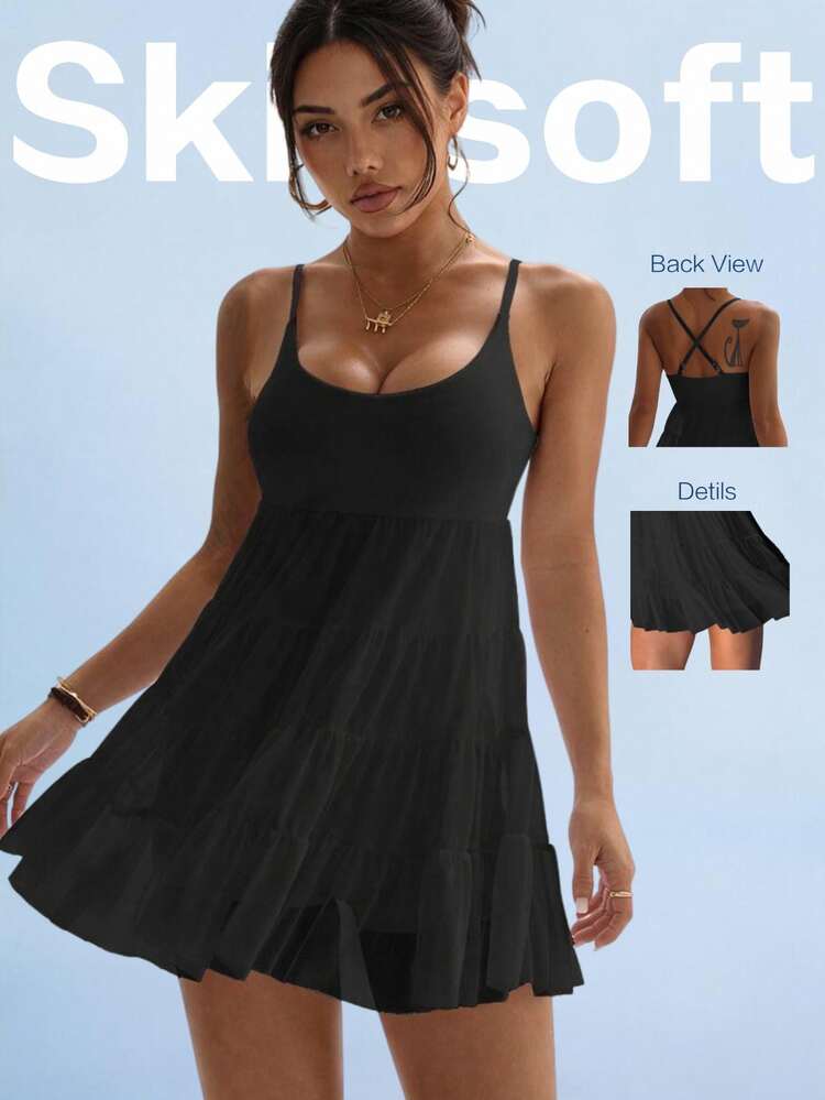 SHEIN Sovereign Charm فستان رياضي للنساء بدون أكمام مع حمالة صدر قابلة للإزالة ومبطنة، وتنورة شبكية وبطانة شورت، مناسب للارتداء اليومي والجري والرياضات كاليوغا والجيم والتنس والجولف - الأسود - مشاهدة 1