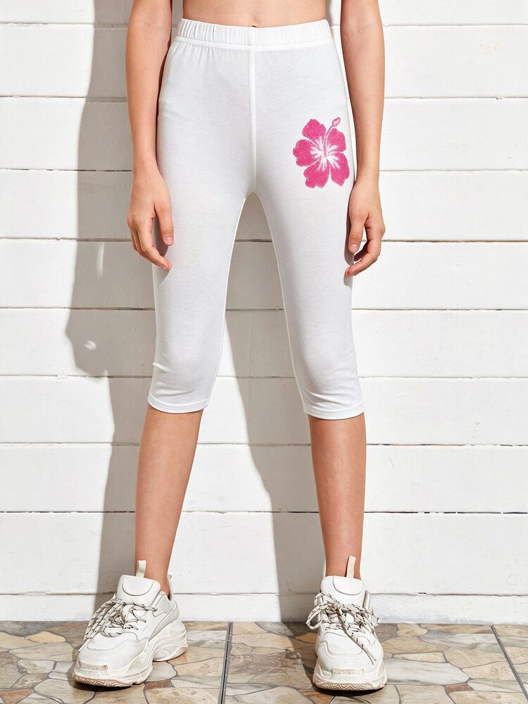 Kids Tween Girl All-Match Versatile Floral Print Elastic Waist Cropped Leggings - Multicolor - View 2