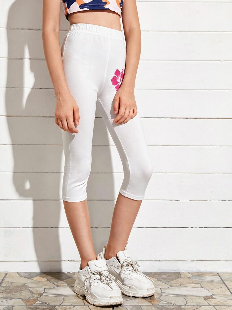 Kids Tween Girl All-Match Versatile Floral Print Elastic Waist Cropped Leggings - Multicolor - View 3