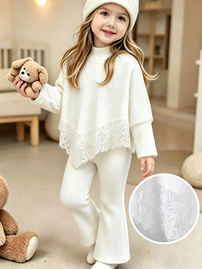SHEIN Conjunto de 2 Peças para Meninas no Outono, Top de Manga Longa com Gola Semi-Alta e Bainha Assimétrica de Renda Delicada, Combinado com Calça Flare Elástica de Tecido Combinando, Macio e Amigável à Pele com Elasticidade, Estilo Coreano Suave, Adequado para Uso Diário, Passeios, Sessões de Fotos, Simples e Elegante, Roupa Fashion para Meninas