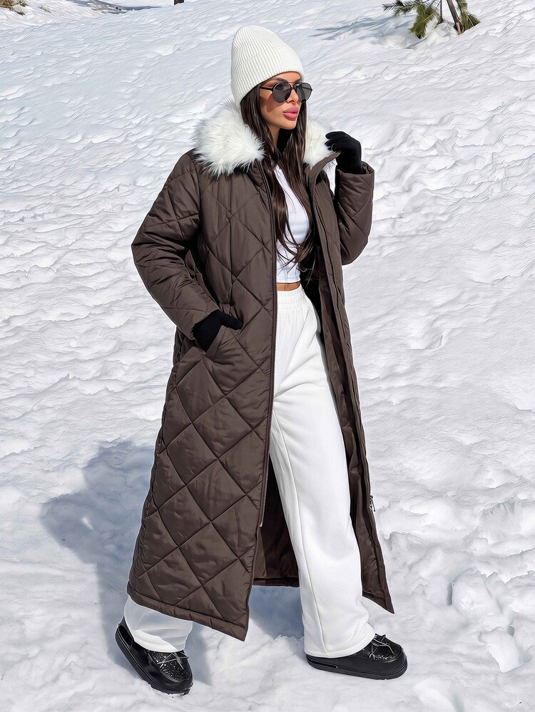 RueChic Women's Water-Resistant Quilted Padded Coat With Faux Fur Collar And Functional Pockets - Coffee Brown - View 4