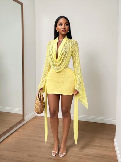 Zolique Women's Draped Neck Bell Sleeve Long Sleeve Solid Color Strap Decor Sexy Elegant Dress Night Out Brunch Pale Yellow Autumn