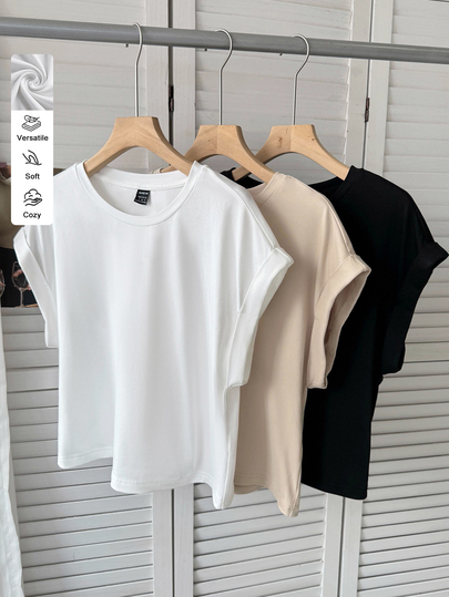 SHEIN LUNE Women Classic Round Neck Short Sleeve Solid Color Casual Basic Modest T Shirt Top Everyday House Homewear White Beige Black