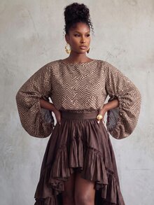 BamGlimmer Kemeja Motif Geometris Cokelat Musim Gugur, Manset Serut Ukuran Besar, Modis & Minimalis, Cocok Untuk Bepergian, Pakaian Sehari-hari, Belanja, Pesta, Pertemuan, dan Perjalanan. - Coklat - View 2