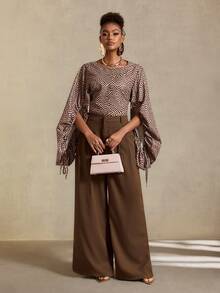 BamGlimmer Kemeja Motif Geometris Cokelat Musim Gugur, Manset Serut Ukuran Besar, Modis & Minimalis, Cocok Untuk Bepergian, Pakaian Sehari-hari, Belanja, Pesta, Pertemuan, dan Perjalanan. - Coklat - View 6