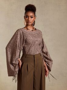 BamGlimmer Kemeja Motif Geometris Cokelat Musim Gugur, Manset Serut Ukuran Besar, Modis & Minimalis, Cocok Untuk Bepergian, Pakaian Sehari-hari, Belanja, Pesta, Pertemuan, dan Perjalanan. - Coklat - View 7