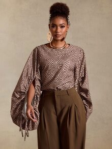 BamGlimmer Kemeja Motif Geometris Cokelat Musim Gugur, Manset Serut Ukuran Besar, Modis & Minimalis, Cocok Untuk Bepergian, Pakaian Sehari-hari, Belanja, Pesta, Pertemuan, dan Perjalanan. - Coklat - View 5