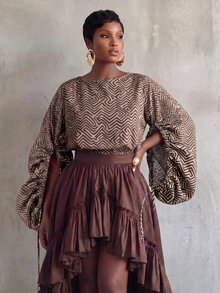 BamGlimmer Kemeja Motif Geometris Cokelat Musim Gugur, Manset Serut Ukuran Besar, Modis & Minimalis, Cocok Untuk Bepergian, Pakaian Sehari-hari, Belanja, Pesta, Pertemuan, dan Perjalanan. - Coklat - View 4