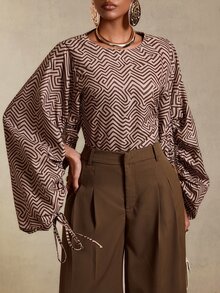 BamGlimmer Kemeja Motif Geometris Cokelat Musim Gugur, Manset Serut Ukuran Besar, Modis & Minimalis, Cocok Untuk Bepergian, Pakaian Sehari-hari, Belanja, Pesta, Pertemuan, dan Perjalanan. - Coklat - View 9