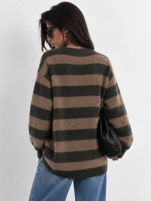 ELLERISSA Kardigan Rajut Garis-Garis Cokelat Kopi, Leher V, Kancing Depan, Lengan Panjang, Potongan Longgar - Coffee Brown - View 2