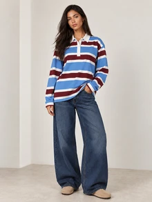 ELLERISSA Polo Top Rugby Garis Biru, Kerah, Lengan Panjang, Kancing Depan - MultiWarna - View 5